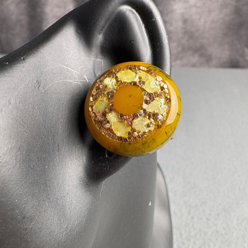 Vintage Mustard Yellow Marbled Resin Confetti Screw Back Button Earrings